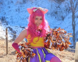 Size: 1336x1069 | Tagged: safe, artist:xxpinkiesweetxx, pinkie pie, human, g4, cheerleader, clothes, cosplay, costume, irl, irl human, looking at you, photo, pony ears, smiling