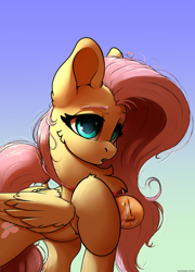 Size: 2300x3200 | Tagged: safe, artist:skitsroom, fluttershy, pegasus, pony, g4, 1st place, :o, cheek fluff, chest fluff, colored pupils, cute, ear fluff, female, fluffy, folded wings, high res, leg fluff, lidded eyes, mare, medal, messy mane, open mouth, shoulder fluff, shyabetes, simple background, smiling, solo, wing fluff, wings, yay