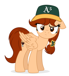 Size: 2913x3228 | Tagged: safe, artist:rioshi, artist:starshade, oc, oc only, oc:vanilla creame, pegasus, pony, g4, alcohol, baseball cap, beer, cap, curious, hat, heart, heart eyes, high res, oakland athletics, shadow, simple background, solo, wingding eyes