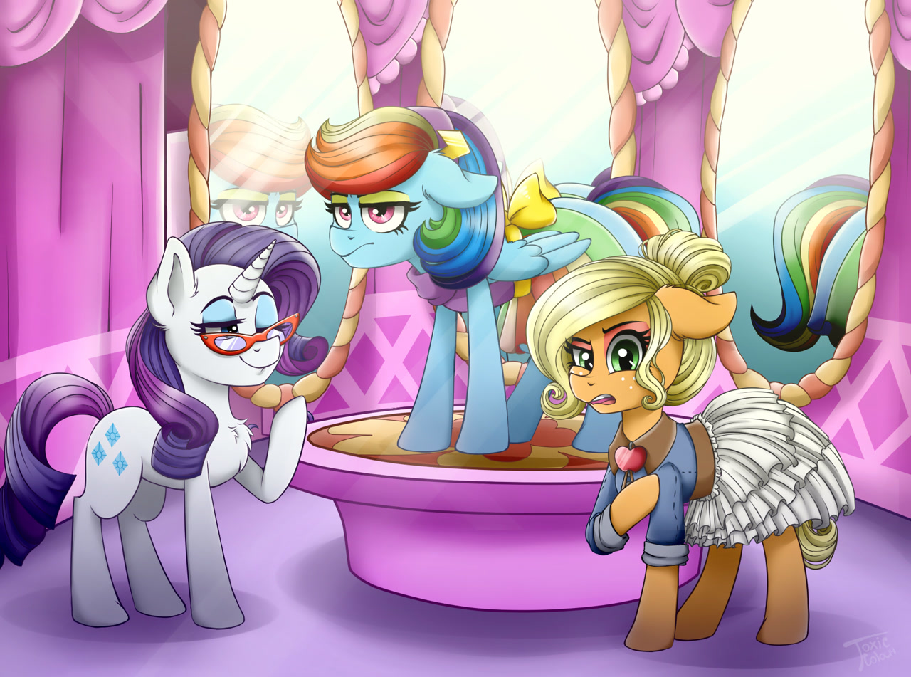 applejack also dresses in style, applejack is not amused, belt, chest fluff...