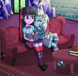 Size: 1680x1630 | Tagged: safe, artist:toxiccolour, trixie, twilight sparkle, equestria girls, g4, book, boots, bowtie, clothes, coffee, coffee mug, couch, cup, eyes closed, female, grin, hoodie, lesbian, mug, reading, ship:twixie, shipping, shirt, shoes, skirt, smiling, table, twilight's castle