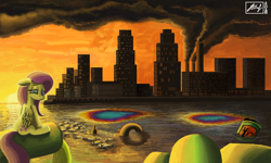 Size: 854x512 | Tagged: safe, artist:dreamyskies, fluttershy, fish, pegasus, pony, g4, 3ds, city, cityscape, corpses, crying, dark, dirty, factory, female, junk, mare, mess, oil, pollution, sad, sitting, smoke, solo, sunset, toxic