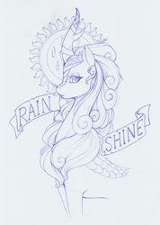 Size: 1103x1551 | Tagged: safe, artist:longinius, rain shine, kirin, g4, bust, curly mane, eyelashes, female, frown, horn, horn jewelry, jewelry, looking at you, makeup, portrait, profile, regalia, simple background, solo, striped horn, text, traditional art