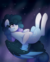 Size: 2000x2500 | Tagged: safe, artist:lionbun, oc, oc:stellar constellation, pegasus, pony, belly, commission, ethereal mane, flying, high res, hoof on belly, night, night sky, pregnant, starry mane, thinking, two toned wings, wings