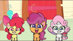 Size: 1920x1080 | Tagged: safe, screencap, apple bloom, scootaloo, sweetie belle, earth pony, pegasus, pony, unicorn, disappearing act, g4, g4.5, my little pony: pony life, animated, animation error, cutie mark crusaders, female, sound, treehouse logo, voice swap, webm
