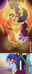 Size: 2400x5570 | Tagged: safe, artist:snakeythingy, edit, edited screencap, screencap, hoo'far, saffron masala, g4, road to friendship, belly dancer, belly dancer outfit, bipedal, dancer, female, harem outfit, looking at you, male, one eye closed, robes, saf'far, shipping, straight, the tasty treat, wink, winking at you