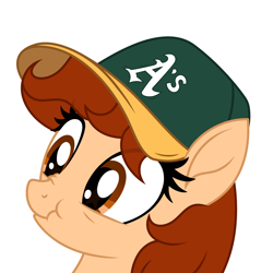 Size: 3583x3589 | Tagged: safe, artist:rioshi, artist:starshade, oc, oc only, oc:vanilla creame, pegasus, pony, alcohol, baseball cap, beer, cap, curious, hat, high res, oakland athletics, shadow, simple background, solo
