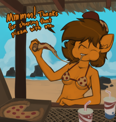 Size: 1770x1849 | Tagged: safe, artist:marsminer, oc, oc only, oc:venus spring, anthro, belly button, bikini, clothes, cute, female, food, ocbetes, pizza, pizza thot, solo, swimsuit, venus spring actually having a pretty good time