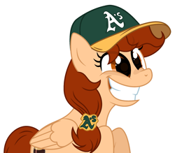 Size: 2201x1930 | Tagged: safe, artist:rioshi, artist:starshade, oc, oc only, oc:vanilla creame, pegasus, pony, alcohol, baseball cap, beer, cap, curious, hat, oakland athletics, shadow, simple background, solo