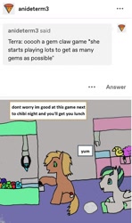 Size: 738x1246 | Tagged: safe, artist:ask-luciavampire, oc, dracony, dragon, earth pony, hybrid, pony, tumblr:ask-the-pony-gamers, ask, claw machine, tumblr