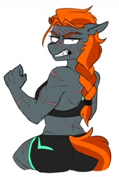 Size: 989x1460 | Tagged: safe, artist:redxbacon, oc, oc only, oc:guillotine, earth pony, anthro, anthro oc, barbarian, biceps, clothes, dialogue, facial scar, female, gritted teeth, looking back, mare, midriff, muscles, muscular female, scar, sharp teeth, shorts, simple background, solo, sports bra, sports shorts, teeth, thick eyebrows, toned, torn ear, tribal, unamused, workout outfit