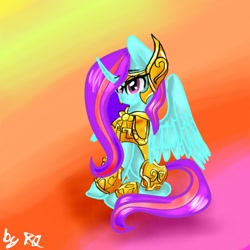 Size: 1024x1024 | Tagged: safe, artist:kiwwsplash, oc, oc only, alicorn, pony, abstract background, alicorn oc, armor, horn, signature, sitting, solo, wings