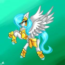 Size: 1024x1024 | Tagged: safe, artist:kiwwsplash, oc, oc only, pegasus, pony, armor, colored hooves, gradient background, pegasus oc, signature, solo, wings