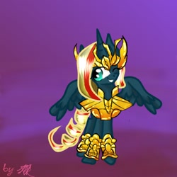 Size: 1024x1024 | Tagged: safe, artist:kiwwsplash, oc, oc only, alicorn, pony, alicorn oc, armor, gradient background, grin, horn, one eye closed, signature, smiling, solo, wings, wink