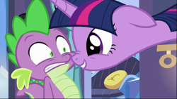 Size: 1279x720 | Tagged: safe, screencap, spike, twilight sparkle, alicorn, pony, g4, the times they are a changeling, boop, cropped, cute, duo, female, floppy ears, looking at each other, male, noseboop, shrunken pupils, smiling, twiabetes, twilight sparkle (alicorn)