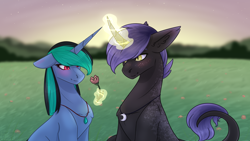 Size: 1920x1080 | Tagged: safe, artist:chrystal_company, oc, oc only, oc:nightmare chrystal, pony, unicorn, duo, flower, glowing horn, horn, jewelry, leonine tail, magic, necklace, outdoors, telekinesis, unicorn oc