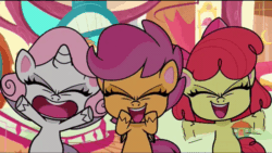 Size: 800x450 | Tagged: safe, screencap, apple bloom, scootaloo, sweetie belle, earth pony, pegasus, pony, unicorn, disappearing act, g4, g4.5, my little pony: pony life, animated, cutie mark crusaders, excited, eyes closed, female, gif, smiling, sugarcube corner, treehouse logo
