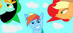 Size: 4000x1801 | Tagged: safe, artist:ksldrdpl, applejack, lightning dust, rainbow dash, earth pony, pegasus, pony, g4, cowboy hat, eyebrows, eyelashes, female, hat, pouty lips, sky, smiling, smirk, stetson