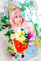 Size: 533x800 | Tagged: safe, artist:don_ttir, fluttershy, human, g4, butterfly hairpin, clothes, cosplay, costume, flower, hairpin, irl, irl human, photo, pony ears, smiling