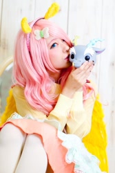 Size: 533x800 | Tagged: safe, artist:don_ttir, discord, fluttershy, human, g4, butterfly hairpin, clothes, cosplay, costume, funko pop!, hairpin, irl, irl human, photo, pony ears