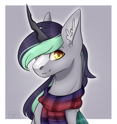 Size: 1929x2039 | Tagged: safe, artist:chrystal_company, oc, oc only, pony, bust, clothes, disguise, disguised changeling, ear fluff, horn, scarf, smiling, solo, wings