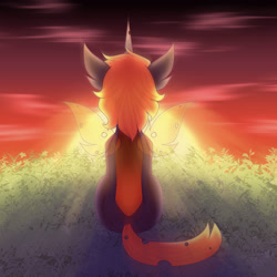 Size: 3300x3300 | Tagged: safe, artist:tuzz-arts, oc, oc only, oc:armber, changeling, changeling oc, facing away, female, high res, orange changeling, simple background, sitting, solo, sunset