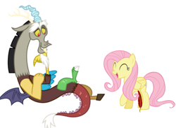 Size: 615x450 | Tagged: safe, artist:princessdestiny200i, discord, fluttershy, draconequus, pegasus, pony, g4, eyes closed, feather, female, grin, laughing, male, mare, open mouth, quill, raised hoof, simple background, smiling, tickle torture, tickling, white background