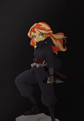 Size: 833x1200 | Tagged: safe, artist:suke2242, sunset shimmer, equestria girls, g4, bandana, black background, female, geta, katana, kunai, ninja, simple background, solo, sword, weapon