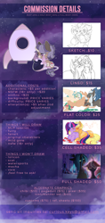 Size: 4000x8500 | Tagged: safe, artist:curiouskeys, applejack, queen chrysalis, twilight sparkle, oc, g4, advertisement, cel shading, chibi, colored, commission info, female, flat colors, full color, lesbian, lineart, shading, ship:twijack, shipping, sketch, space, spacesuit