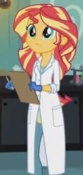 Size: 272x571 | Tagged: safe, screencap, sunset shimmer, equestria girls, g4, my little pony equestria girls: friendship games, the science of magic, clothes, cropped, cute, female, gloves, lab coat, rubber gloves, shimmerbetes, solo, sunset the science gal