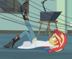 Size: 424x344 | Tagged: safe, screencap, sunset shimmer, equestria girls, g4, my little pony equestria girls: friendship games, the science of magic, cropped, female, legs, solo, sunset the science gal, tangled up