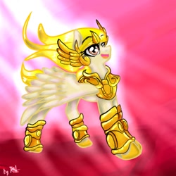 Size: 1024x1024 | Tagged: safe, artist:kiwwsplash, oc, oc only, pegasus, pony, abstract background, armor, hoof shoes, open mouth, pegasus oc, smiling, solo, windswept mane, wings