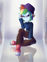 Size: 1536x2048 | Tagged: safe, artist:saltymango, idw, rainbow dash, equestria girls, g4, reflections, alternate clothes, alternate hairstyle, bucket hat, cute, fashion, female, glasses, hat, looking at you, peace sign, rainbow dash always dresses in style, shoes, sneakers, solo, winking at you