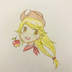 Size: 2048x2048 | Tagged: safe, artist:remone_17, applejack, human, g4, :d, apple, applejack's hat, clothes, colored pencil drawing, cowboy hat, food, freckles, hat, high res, humanized, open mouth, scarf, smiling, traditional art