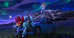 Size: 2339x1200 | Tagged: safe, artist:margony, octavia melody, oc, earth pony, pegasus, pony, anthro, g4, acoustic guitar, aurora borealis, bow (instrument), car, clothes, commission, converse, crescent moon, grass, guitar, moon, mountain, musical instrument, night, night sky, pants, scenery, shoes, sky, stars, violin
