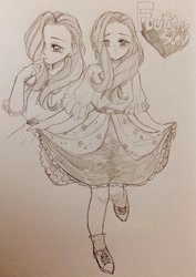 Size: 1446x2048 | Tagged: safe, artist:napo_li678, fluttershy, human, g4, clothes, dress, female, hair over one eye, humanized, pencil drawing, solo, traditional art