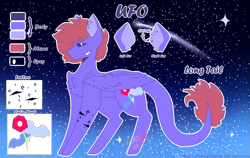 Size: 1933x1222 | Tagged: safe, artist:shinningblossom12, oc, oc only, oc:ufo, bat, pegasus, pony, chest fluff, ear piercing, earring, grin, jewelry, leonine tail, male, night, pegasus oc, piercing, reference sheet, shooting star, smiling, solo, stallion, stars, text, wings