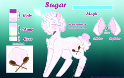Size: 1933x1222 | Tagged: safe, artist:shinningblossom12, oc, oc only, oc:sugar, pony, unicorn, chest fluff, ears, glowing horn, gradient background, grin, horn, male, smiling, solo, stallion, text, unicorn oc