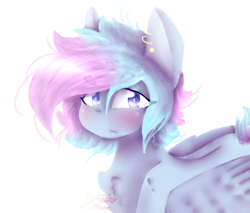 Size: 1690x1440 | Tagged: safe, artist:shinningblossom12, oc, oc only, oc:shinning blossom, pegasus, pony, blushing, bust, chest fluff, ear piercing, earring, female, jewelry, mare, pegasus oc, piercing, simple background, solo, white background, wings