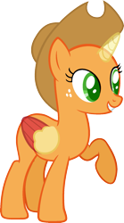 Size: 971x1751 | Tagged: safe, artist:pegasski, applejack, oc, oc only, alicorn, pony, fall weather friends, g4, alicorn oc, applecorn, bald, base, eyelashes, female, freckles, grin, hat, horn, mare, raised hoof, simple background, smiling, solo, transparent background, two toned wings, wings