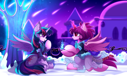 Size: 5555x3333 | Tagged: safe, artist:airiniblock, twilight sparkle, oc, alicorn, pegasus, pony, rcf community, g4, absurd resolution, alicorn oc, canon x oc, clothes, commission, dress, duo, ear fluff, eye clipping through hair, female, horn, lesbian, marriage proposal, shipping, sitting, spread wings, twilight sparkle (alicorn), wings