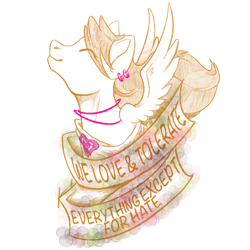 Size: 2048x2048 | Tagged: safe, artist:amberlight101, pegasus, pony, anti-fascism, antifascist, banner, bust, heart, high res, love and tolerance, love and tolerate, mouthpiece, old banner, partial color, solo, spread wings, wings