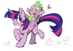 Size: 729x516 | Tagged: safe, artist:natsuki78, spike, twilight sparkle, alicorn, dragon, pony, g4, blushing, cute, dragons riding ponies, duo, female, happy, heart, male, mama twilight, mare, riding, simple background, smiling, spikabetes, spike riding twilight, spikelove, twiabetes, twilight sparkle (alicorn), white background