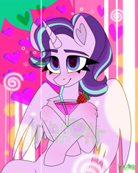 Size: 4000x5000 | Tagged: safe, artist:irinamar, starlight glimmer, alicorn, pony, g4, alicornified, blushing, commission, drink, drinking, female, food, heart eyes, love, race swap, smiling, solo, starlicorn, straw, strawberry, wingding eyes, ych example, your character here