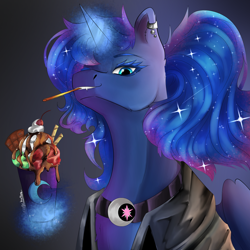 Size: 1500x1500 | Tagged: safe, artist:wej555, princess luna, alicorn, pony, g4, choker, clothes, ear piercing, earring, ethereal mane, fangs, female, food, glowing horn, horn, ice cream, implied lesbian, implied shipping, implied twiluna, jacket, jewelry, leather jacket, magic, mare, piercing, smiling, solo, starry mane, telekinesis