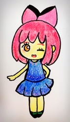 Size: 1020x1788 | Tagged: safe, artist:oekakikumao, apple bloom, human, g4, adorabloom, clothes, cute, female, humanized, one eye closed, solo, traditional art, wink