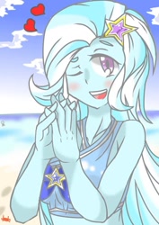 Size: 600x848 | Tagged: safe, artist:castagn68820098, trixie, equestria girls, equestria girls specials, g4, my little pony equestria girls: better together, my little pony equestria girls: forgotten friendship, beach, blushing, clothes, digital drawing, one eye closed, open mouth, smiling, solo, swimsuit, wink