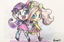 Size: 2048x1364 | Tagged: safe, artist:agnesgarbowska, fluttershy, rarity, equestria girls, g4, bow, clothes, hair bow, hairpin, headband, open mouth, ponytail, shoes, skirt, smiling, traditional art, watercolor painting