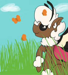 Size: 900x1000 | Tagged: safe, artist:stemthebug, oc, oc:stem bedstraw, hybrid, insect, moth, mothpony, original species, looking up, sitting, watching