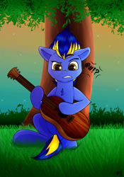 Size: 1540x2200 | Tagged: safe, artist:monsoonvisionz, oc, oc only, pegasus, pony, buck, guitar, male, musical instrument, solo, stallion, tree